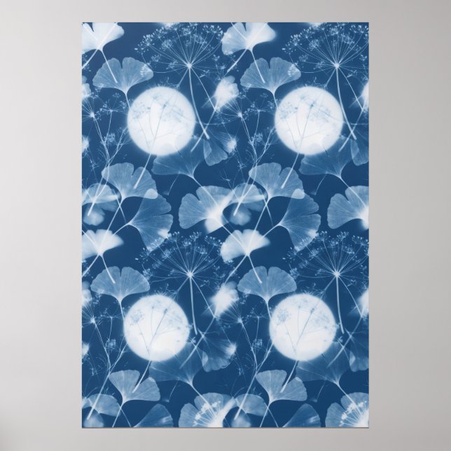 Blue Ginkgo Seed Head Moonlight Pattern Poster (Front)