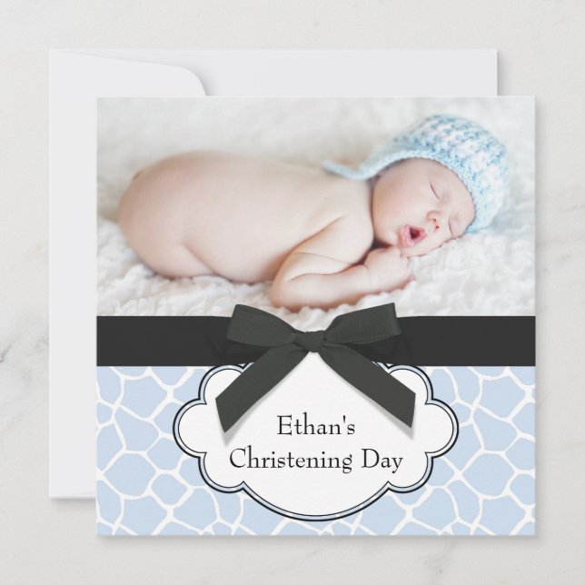 Blue Giraffe Baby Boy Photo Christening Invitation (Front)
