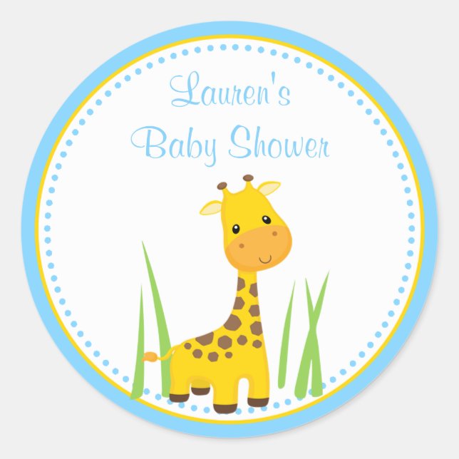 Blue Giraffe Baby Shower Favour Tag Sticker (Front)