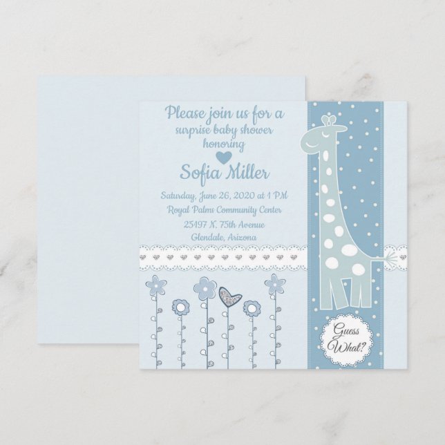 Blue Giraffe Baby Shower Invite (Front/Back)