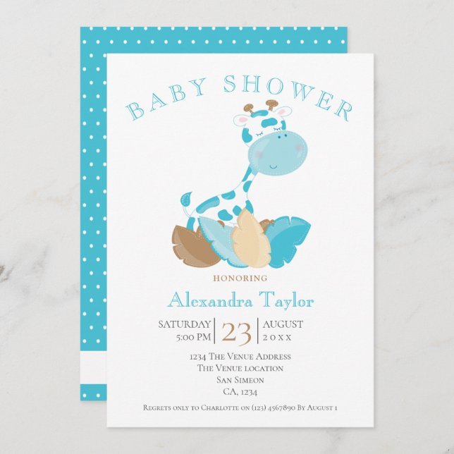 Blue Giraffe Baby Shower Personalised Invitation (Front/Back)