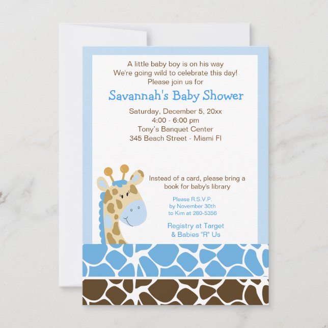 Blue Giraffe Boy Baby Shower Invitation (Front)