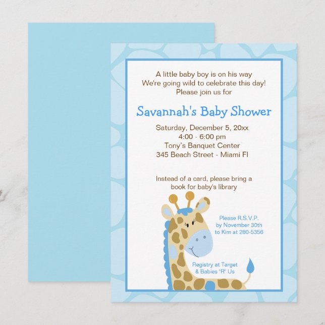 Blue Giraffe Boy Baby Shower Invitation (Front/Back)
