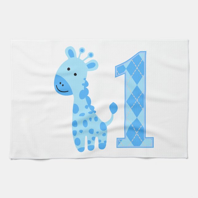 Blue Giraffe First Birthday Tea Towel (Horizontal)