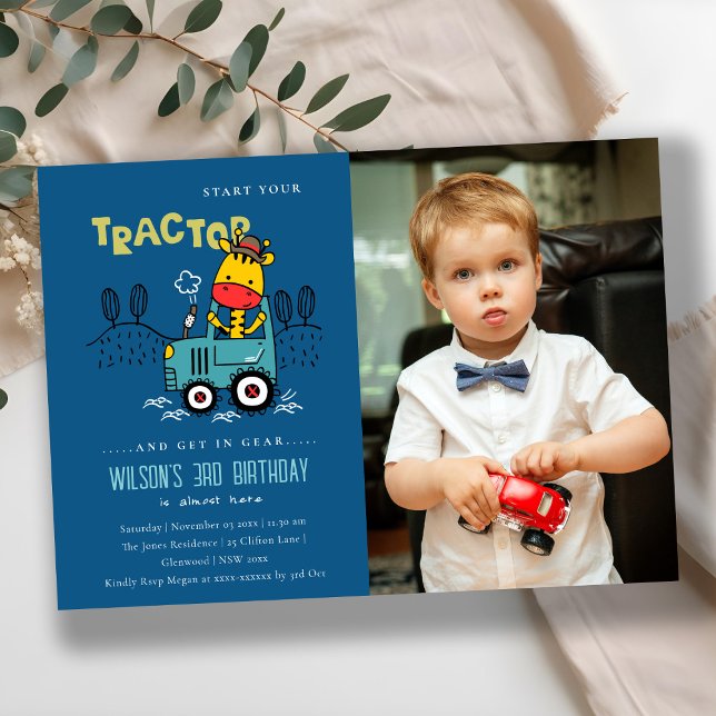 Blue Giraffe In Farm Tractor Boys Photo Birthday Invitation (Creator Uploaded)