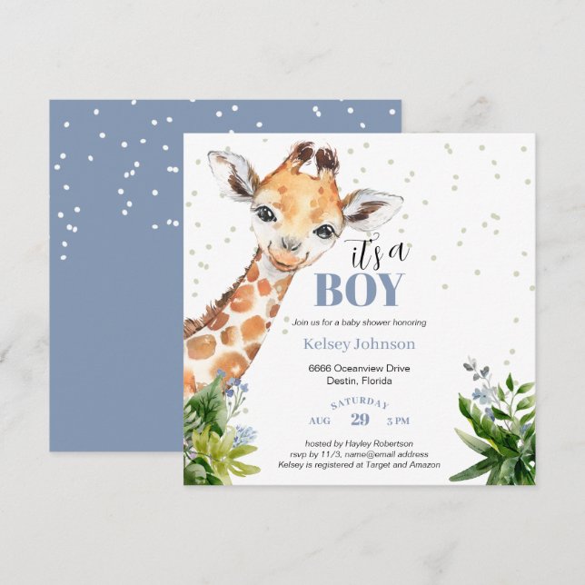 Blue Giraffe Jungle Safari It's a Boy Baby Shower Invitation (Front/Back)