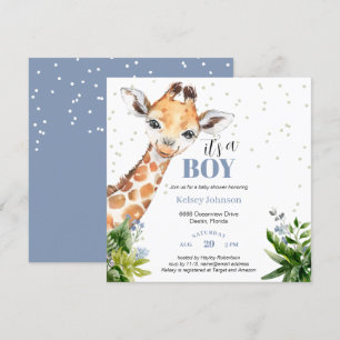 Blue Giraffe Jungle Safari It's a Boy Baby Shower Invitation