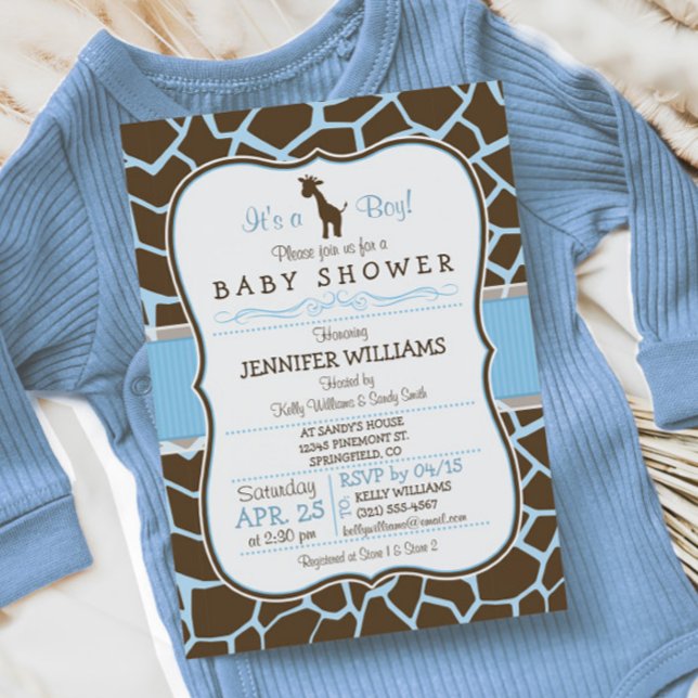 Blue Giraffe Print Boy Baby Shower Invitation (Creator Uploaded)