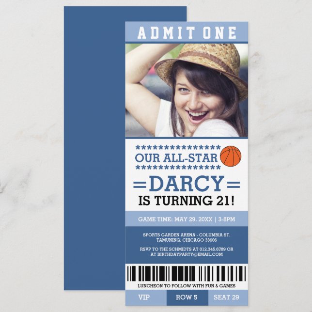 Blue Girl Basketball Ticket Birthday Invites (Front/Back)