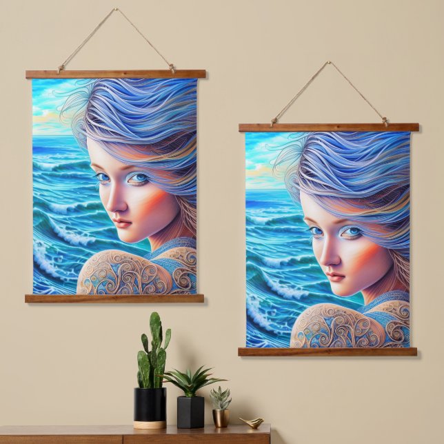 Blue Girl Ocean Waves Fantasy Fine Artwork Hanging Tapestry (Asymmetrical)