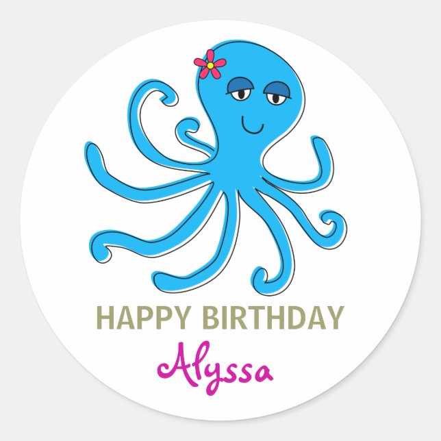 Blue Girl Octopus, Under the Sea Cupcake Toppers Classic Round Sticker (Front)