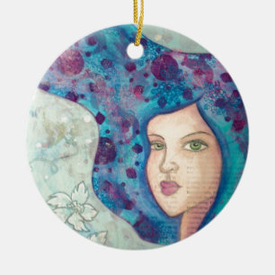 Blue girl portrait. Long hair. Whimsical painting. Ceramic Tree Decoration