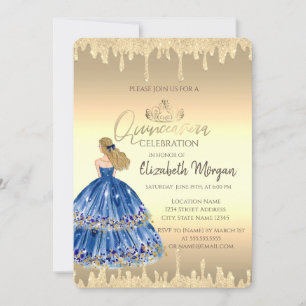 Blue Girl,Tiara,Glitter Drips Gold Quinceañera Invitation