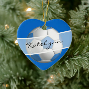 Blue Girls Soccer Ball Black Heart Ornament