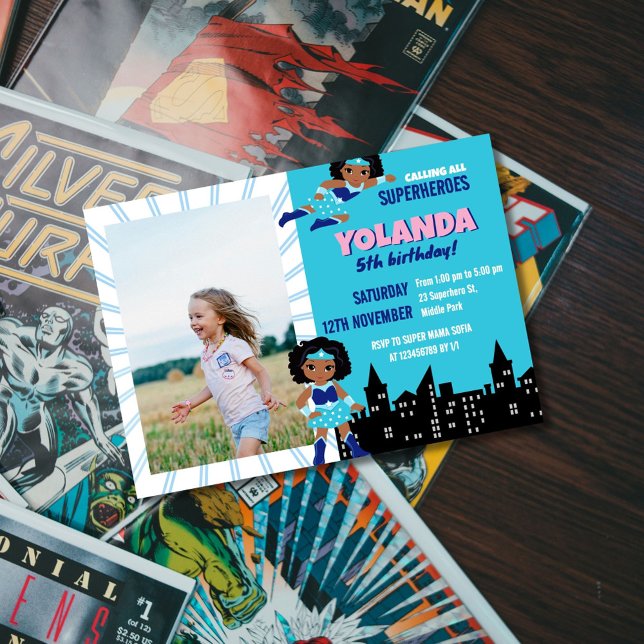 Blue Girls Superhero Kids Birthday Invitation (Creator Uploaded)