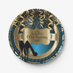 Blue Girly Birthday with Gold & Black High Heels Paper Plate