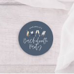 Blue girly modern champagne script bachelorette classic round sticker<br><div class="desc">Navy blue summery girly modern champagne script bachelorette party design.</div>