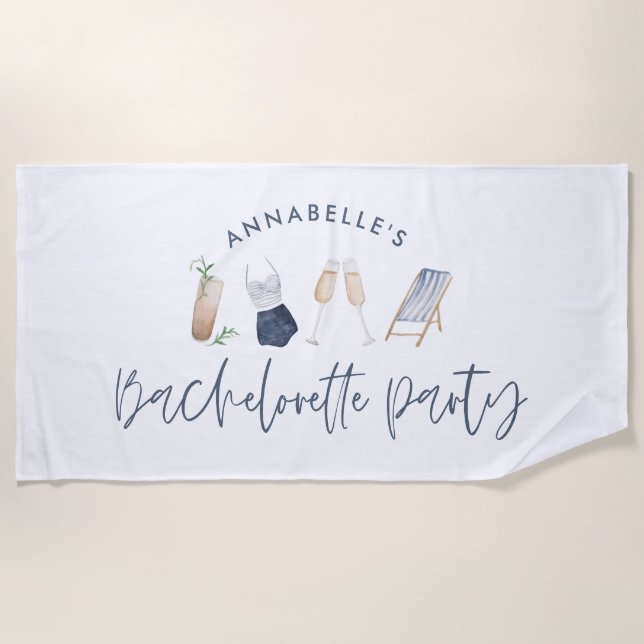 Blue girly modern cocktail script bachelorette beach towel (Front)