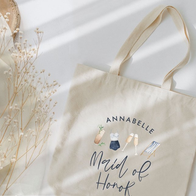 Blue girly modern cocktail script maid of honour tote bag (Creator Uploaded)