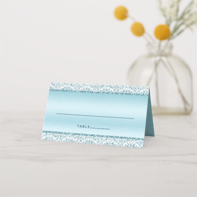 Blue Glam Damask Glitter Monogram Wedding  Place Card (Front)