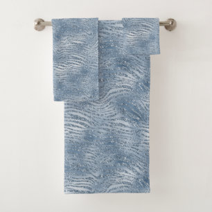 Blue Glam Glitter Zebra Print Bath Towel Set