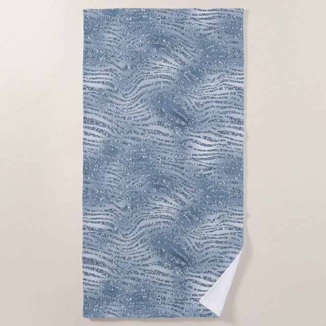 Blue Glam Glitter Zebra Print Beach Towel (Front)