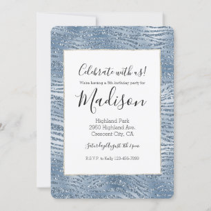 Blue Glam Glitter Zebra Print Invitation