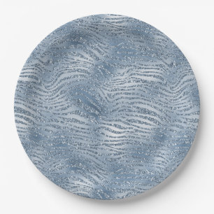 Blue Glam Glitter Zebra Print Paper Plate