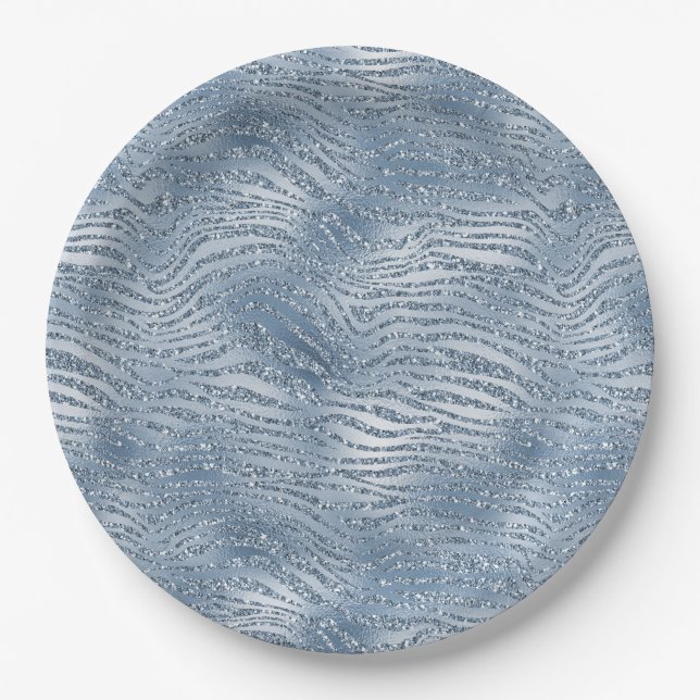 Blue Glam Glitter Zebra Print Paper Plate (Front)