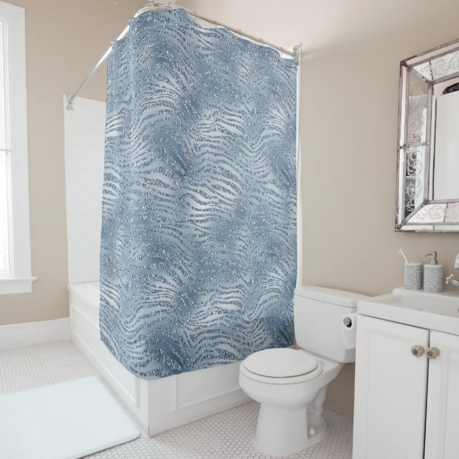 Blue Glam Glitter Zebra Print Shower Curtain (In Situ)
