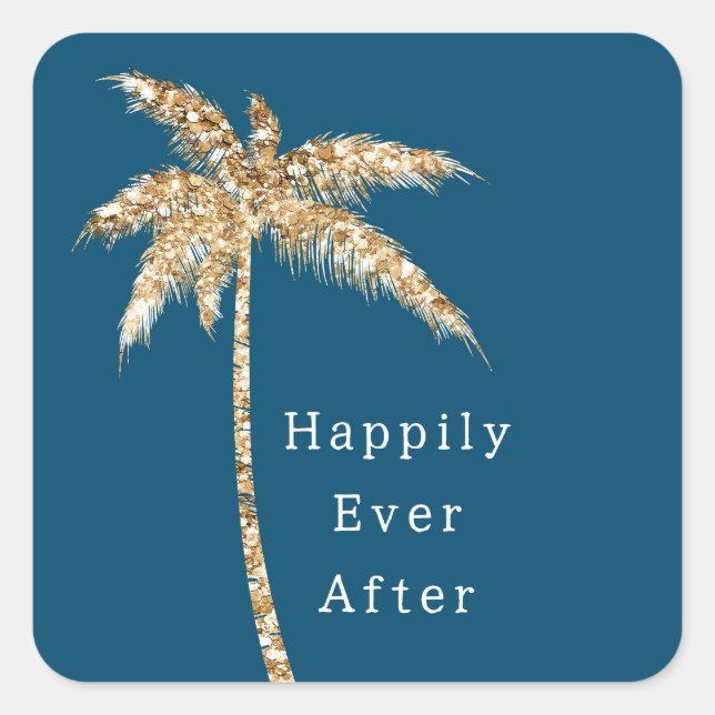 Blue Glam Gold Glitter Palm Tree Square Sticker (Front)