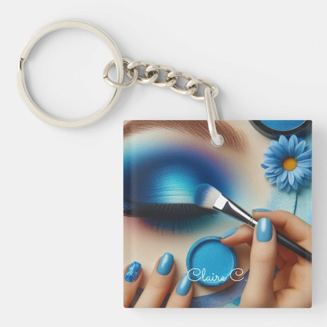 Blue Glam Makeup Vibes Personalised Key Ring (Front)