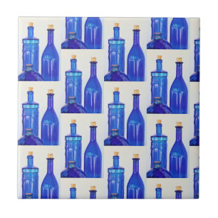 Blue Glass Corked Lined Up Bottles Tile