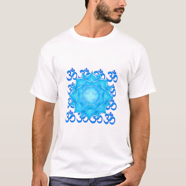 Blue Glass Lotus Flower Drawing With Om Pattern T-Shirt (Front)