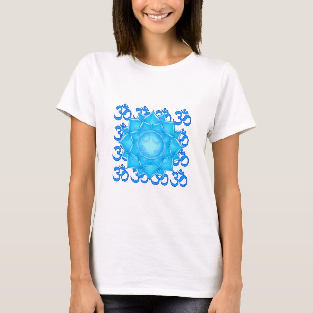 Blue Glass Lotus Flower Drawing With Om Pattern T-Shirt (Front)