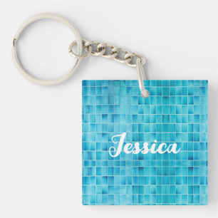 Blue glass tile blocks mosaic glass key ring