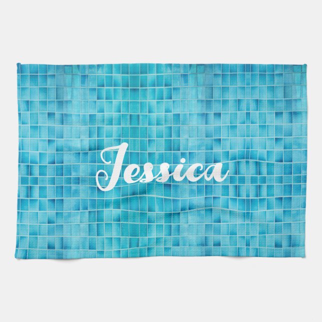 Blue glass tile blocks mosaic tea towel (Horizontal)