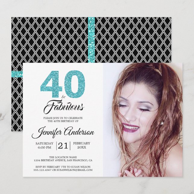 Blue Glitter 40 and Fabulous 40th Birthday Photo Invitation (Front/Back)