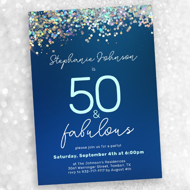 Blue Glitter 50 and Fabulous 50th Birthday Party Invitation (Mock-up view)