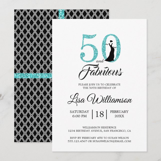 Blue Glitter 50 Fabulous | 50th Birthday Party Invitation (Front/Back)