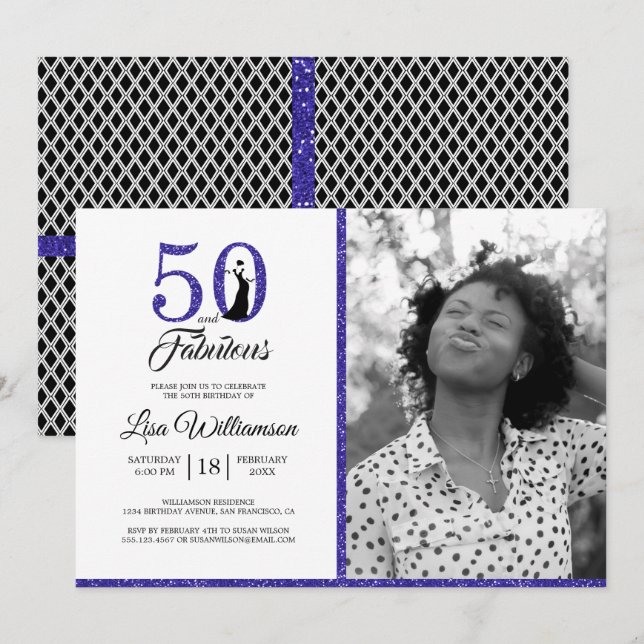 Blue Glitter 50 Fabulous 50th Birthday Party Photo Invitation (Front/Back)