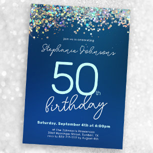 Blue Glitter 50th Birthday Party Invitation
