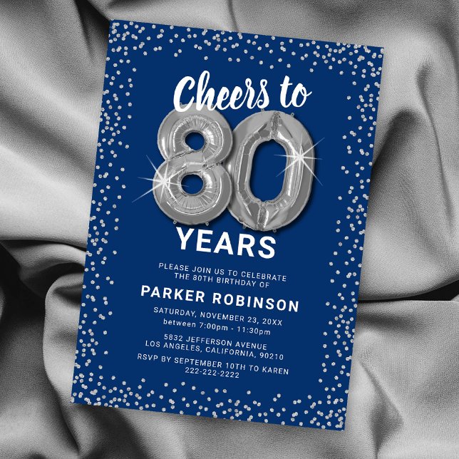 Blue Glitter 80th Birthday Invitation (Creator Uploaded)