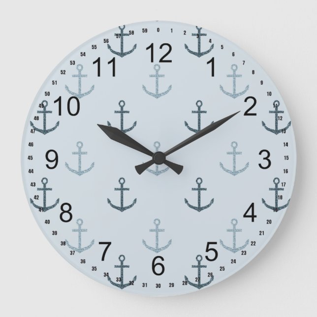 Blue Glitter Anchors Large Clock (Front)