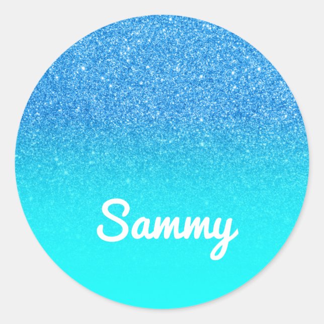 Blue Glitter and Aqua Ombre Personalised Classic Round Sticker (Front)