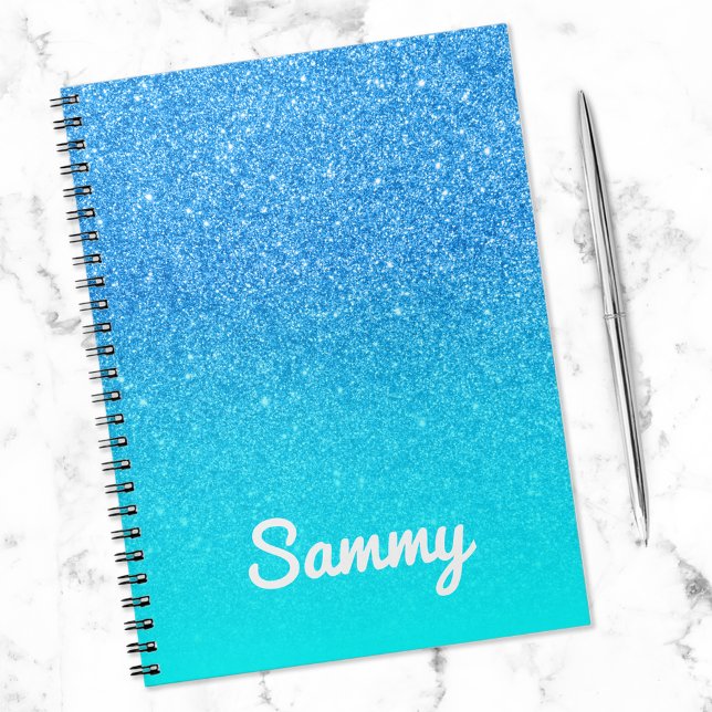 Blue Glitter and Aqua Ombre Personalized Notebook (Creator Uploaded)