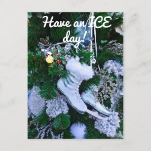 Blue Glitter and Fur Ice Skates on Christmas Tree Postcard