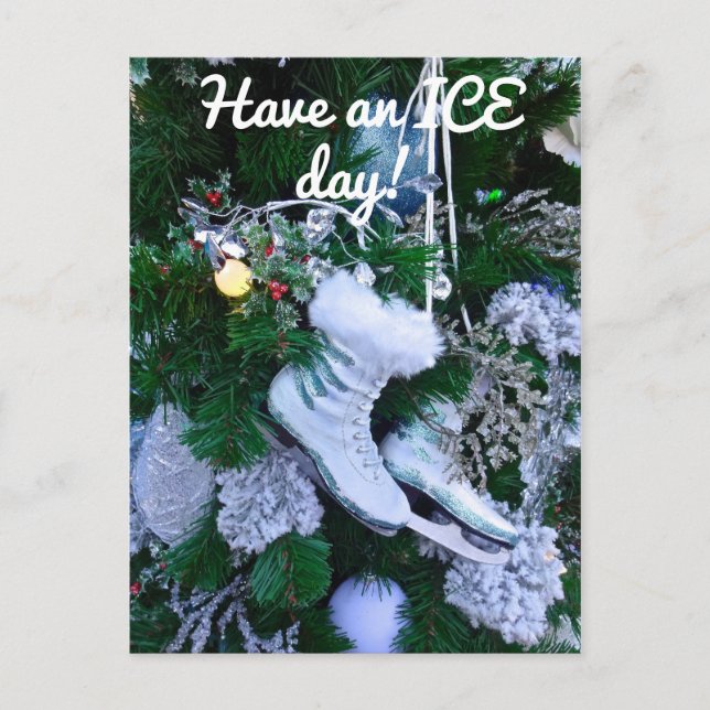 Blue Glitter and Fur Ice Skates on Christmas Tree Postcard (Front)