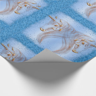 Blue Glitter and Golden Unicorns Birthday  Wrapping Paper
