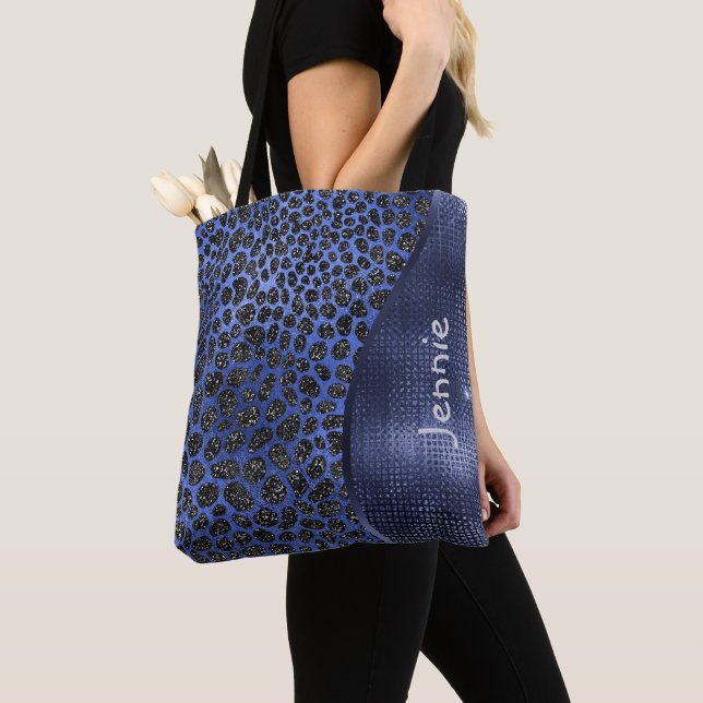 Blue Glitter Animal Print Glam Wave Personalised Tote Bag (Close Up)